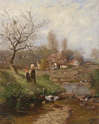 Spring Landscape with Two Children and Geese